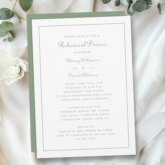 Rehearsal Dinner Wedding Sage Green Elegant Script Kaart