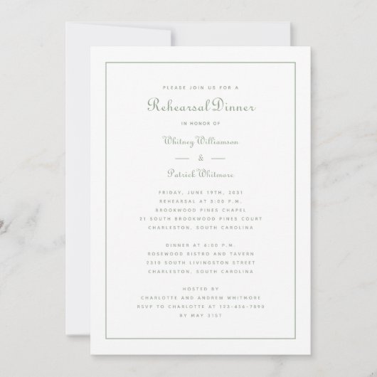 Rehearsal Dinner Wedding Sage Green Elegant Script Kaart (Voorkant)
