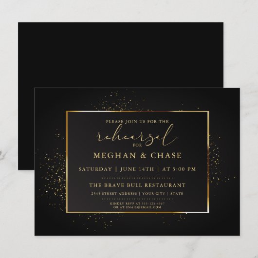 REHEARSAL | Elegant Black en Gold Glitter Kaart (Voorkant / Achterkant)