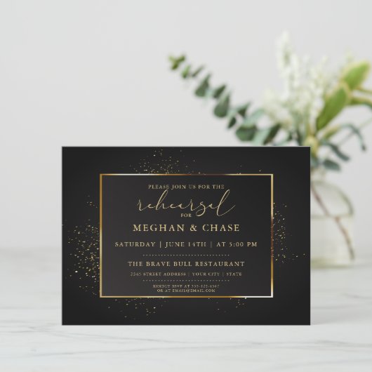 REHEARSAL | Elegant Black en Gold Glitter Kaart (Staand voorkant)