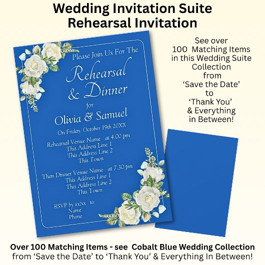 Rehearsal Invitation Card Cobalt Blue & White Rose Kaart