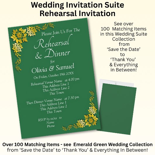Rehearsal Invitation Card Emerald Green & Gold Kaart