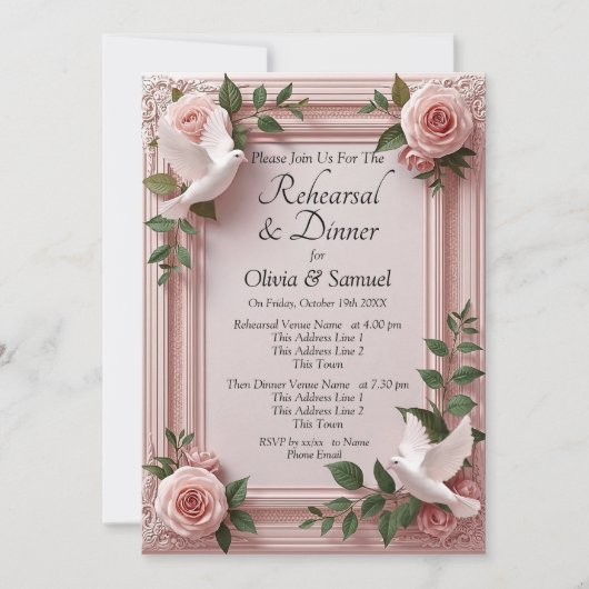 Rehearsal Invitation Card Pink Roses & Doves Kaart (Voorkant)