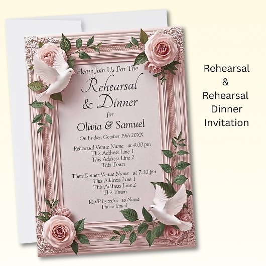 Rehearsal Invitation Card Pink Roses & Doves Kaart
