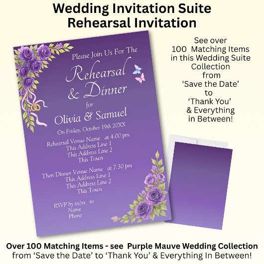 Rehearsal Invitation Card Purple Mauve Flowers  Kaart