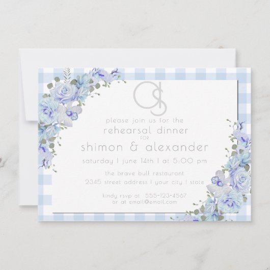 Rehearsal | Monogram Blue Gingham Floral Kaart (Voorkant)