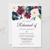 Rehearsal van Navy & Burgundy Red Wine Flowers Kaart (Voorkant)