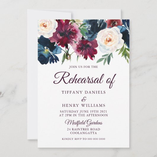 Rehearsal van Navy & Burgundy Red Wine Flowers Kaart (Voorkant)