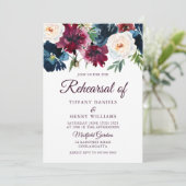 Rehearsal van Navy & Burgundy Red Wine Flowers Kaart (Staand voorkant)