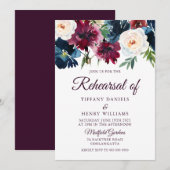 Rehearsal van Navy & Burgundy Red Wine Flowers Kaart (Voorkant / Achterkant)