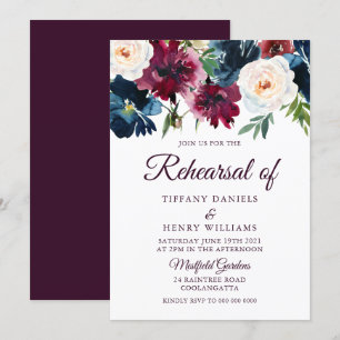 Rehearsal van Navy & Burgundy Red Wine Flowers Kaart