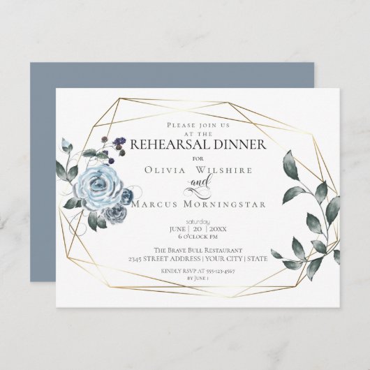 Rehearsal | Waterverf Dusty Blue Floral Save The Date (Voorkant / Achterkant)