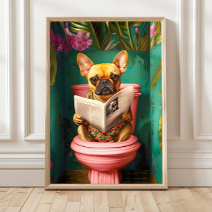 Rehkleurige Franse Bulldog zittend op Toilet Print
