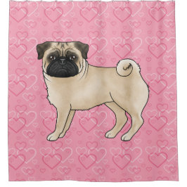Rehkleurige Pug Hond Cartoon Mops Roze Liefdeshart Douchegordijn