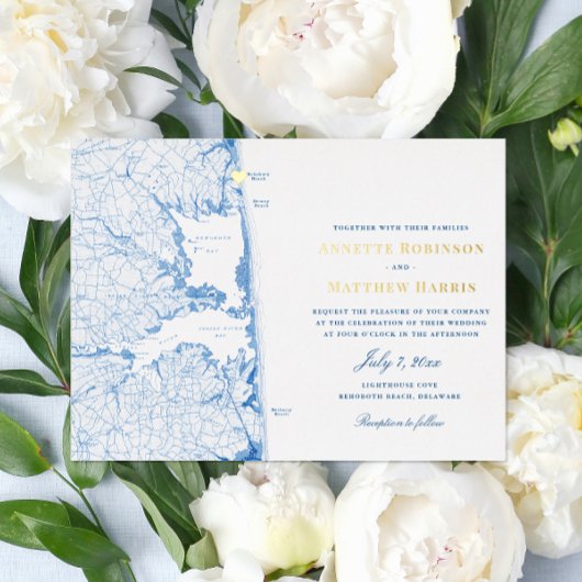 Rehoboth Beach Delaware Bruiloft Marine en Goud Folie Uitnodiging