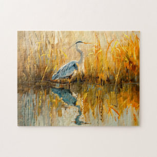 Reiger bij het aanbreken van de dag bij het water legpuzzel