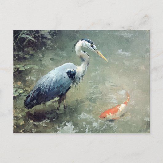 Reiger en levendige Koi vissen Briefkaart (Voorkant)