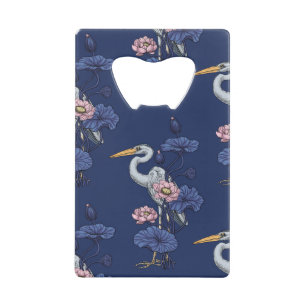 Reiger in de Roze Lotus Tuin op delpht blauw Creditkaart Flessenopener