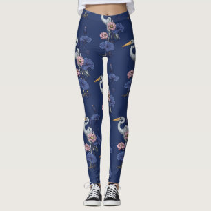 Reiger in de Roze Lotus Tuin op delpht blauw Leggings