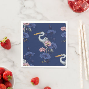 Reiger in de Roze Lotus Tuin op delpht blauw Servet