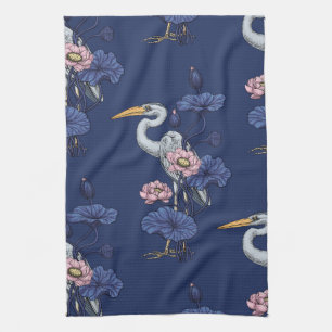 Reiger in de Roze Lotus Tuin op delpht blauw Theedoek