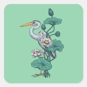 Reiger in de Witte Lotus Tuin op jade Vierkante Sticker