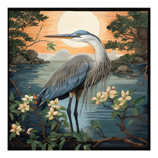 Reiger in vijver foto afdruk (Voorkant)