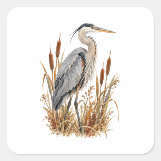 Reiger staand in nevelige rietstengels vierkante sticker