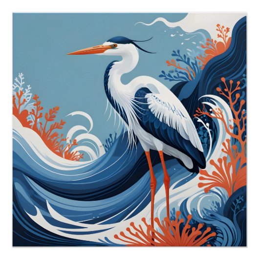 reigerposter met oceaangolf perfect poster (Voorkant)