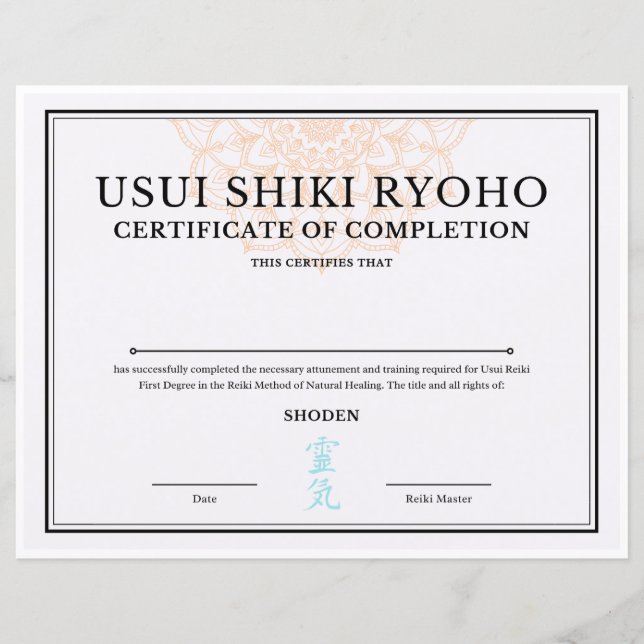 Reiki Certificaat van Voltooiing (SHODEN) (Voorkant)