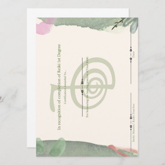 Reiki eerste graad certificaat kaart (Voorkant / Achterkant)