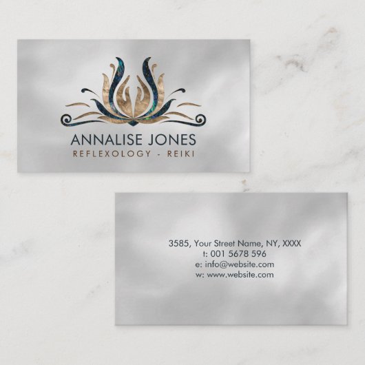 Reiki Healing Hands in Lotus Abalone en Gold Visitekaartje (Voorkant / Achterkant)
