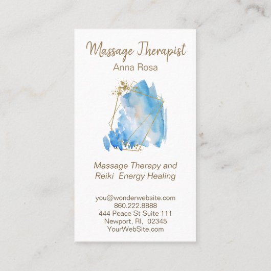 *~* Reiki Massage Abstracte Blue Waterverf Gold Visitekaartje (Achterkant)