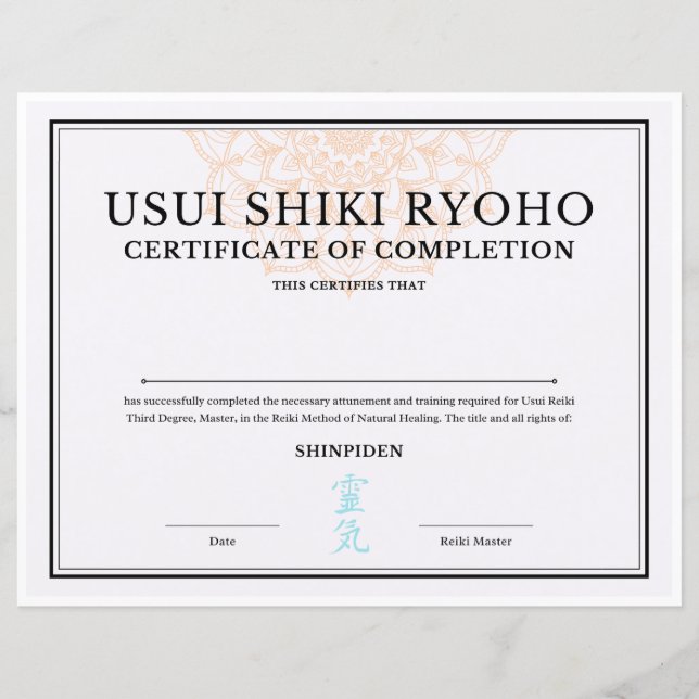 Reiki Master Certificaat van Voltooiing (SHINPIDEN (Voorkant)