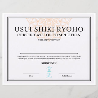 Reiki Master Certificaat van Voltooiing (SHINPIDEN