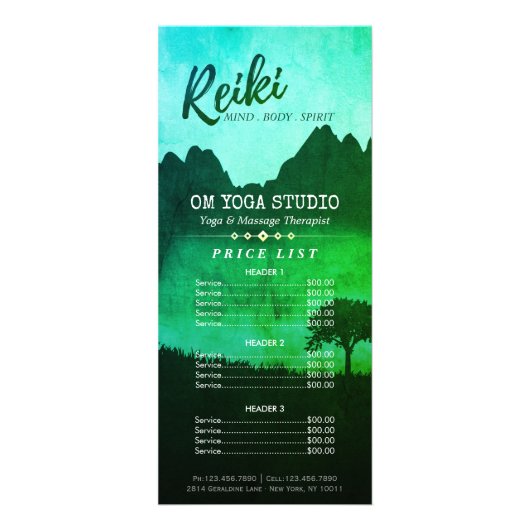 Reiki Master Yoga Mediation instructor Prijslijst Reclamekaart (Voorkant)