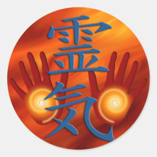 Reiki overhandigt brandrood ronde sticker