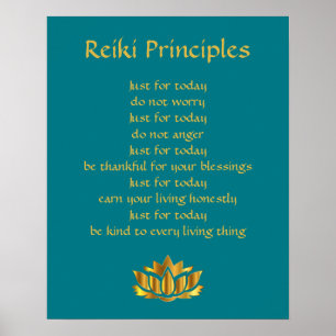 Reiki Principles Blauwgroen/Gold Lotus Poster