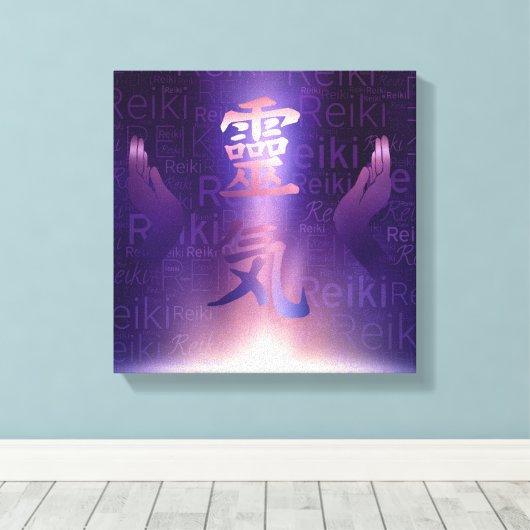 Reiki Symbolen en genezende handen op paars licht Canvas Afdruk (Insitu (Houten vloer))