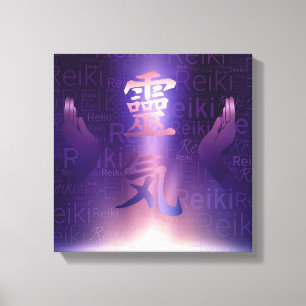 Reiki Symbolen en genezende handen op paars licht Canvas Afdruk