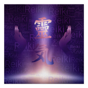 Reiki Symbolen en genezende handen op paars licht Poster