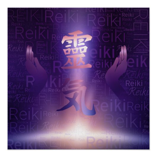Reiki Symbolen en genezende handen op paars licht Poster (Voorkant)