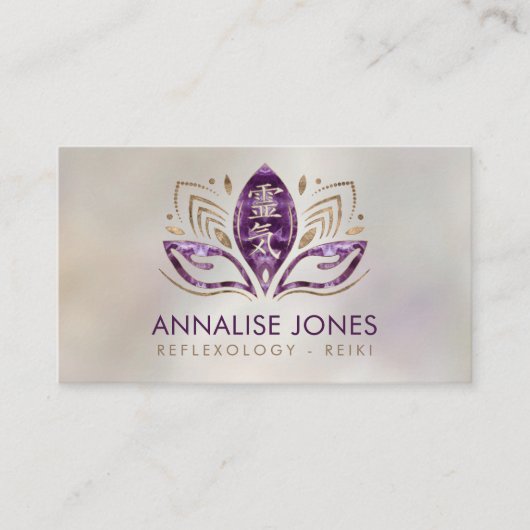 Reiki symbool en handen in Lotus Amethist en Goud Visitekaartje (Voorkant)