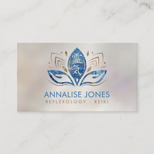 Reiki symbool en handen in Lotus Blue Marble Visitekaartje (Voorkant)