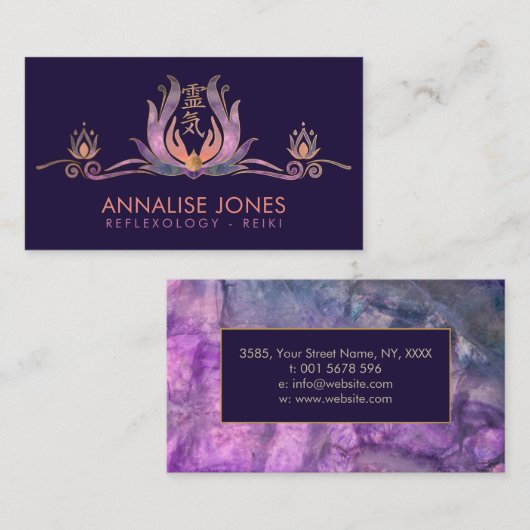 Reiki symbool en handen in Lotus Fluorite en Gold Visitekaartje (Voorkant / Achterkant)