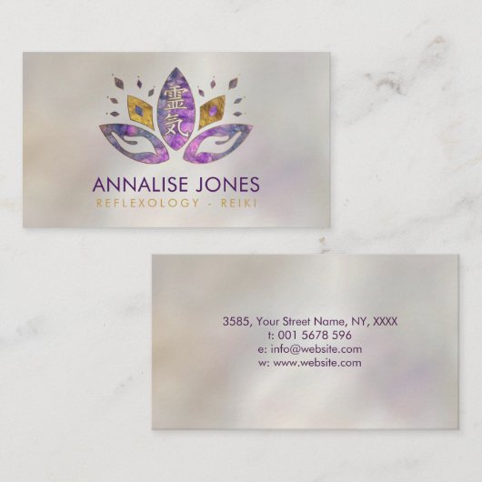 Reiki symbool en handen in Lotus Fluorite en Gold Visitekaartje (Voorkant / Achterkant)