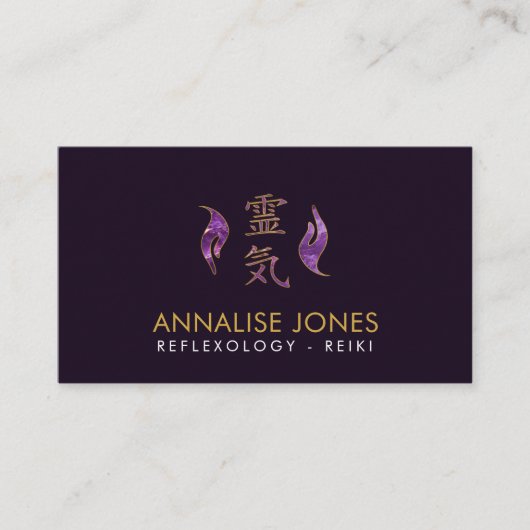 Reiki Verdichtingssymbool en handen amethist en go Visitekaartje (Voorkant)