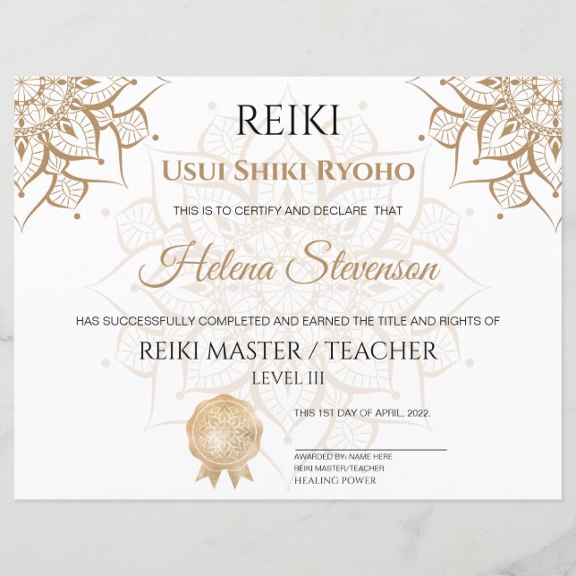 Reiki Yoga-certificaat van voltooiing (Voorkant)