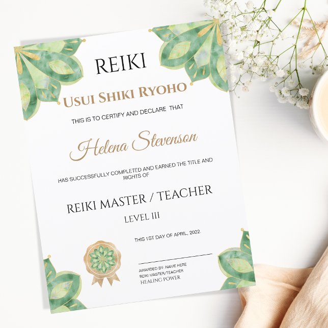 Reiki Yoga-certificaat van voltooiing (reiki certificate green watercolor mandala)