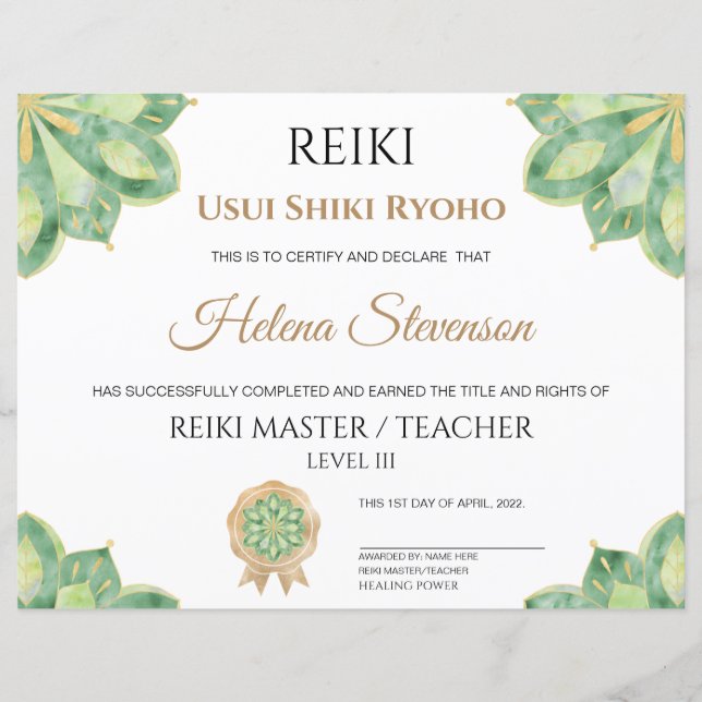 Reiki Yoga-certificaat van voltooiing (Voorkant)